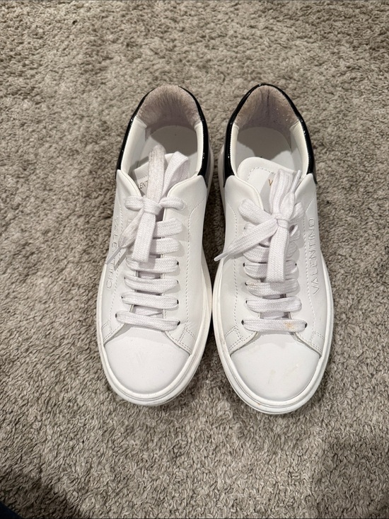 Valentino Shoes - Valentino White Leather Sneakers with Black Heel Patch